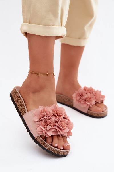 Women's Cork Sole Slippers With Decorative Flowers Pink Seleneza