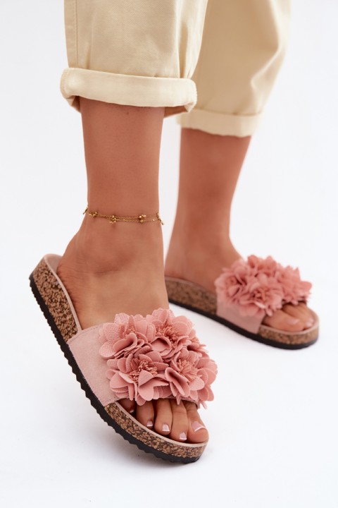 Women's Cork Sole Slippers With Decorative Flowers Pink Seleneza