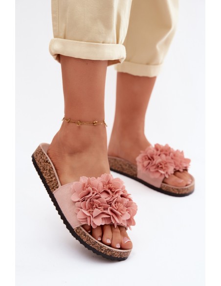 Women's Cork Sole Slippers With Decorative Flowers Pink Seleneza