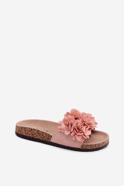 Women's Cork Sole Slippers With Decorative Flowers Pink Seleneza 2