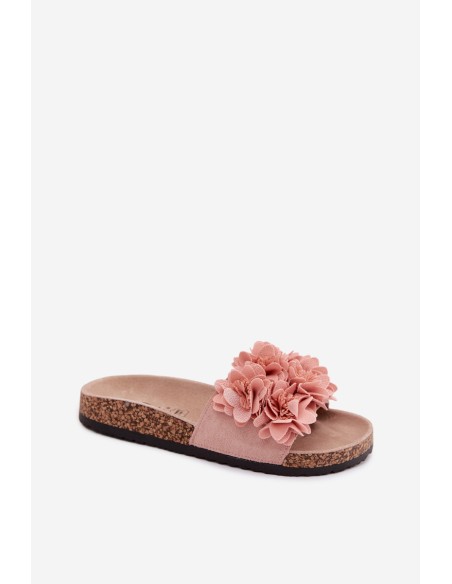 Women's Cork Sole Slippers With Decorative Flowers Pink Seleneza