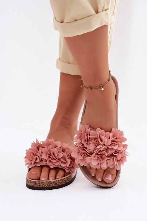 Women's Cork Sole Slippers With Decorative Flowers Pink Seleneza