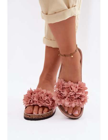 Women's Cork Sole Slippers With Decorative Flowers Pink Seleneza