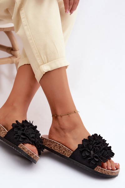 Women's Cork Sole Slippers With Decorative Flowers Black Seleneza