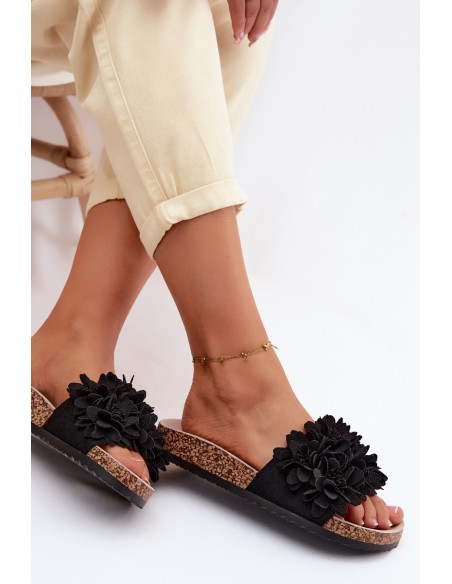 Women's Cork Sole Slippers With Decorative Flowers Black Seleneza