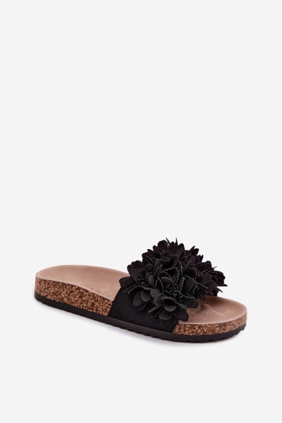 Women's Cork Sole Slippers With Decorative Flowers Black Seleneza 2