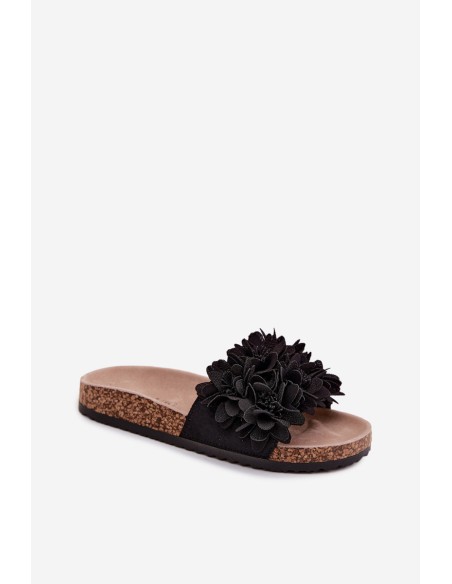 Women's Cork Sole Slippers With Decorative Flowers Black Seleneza