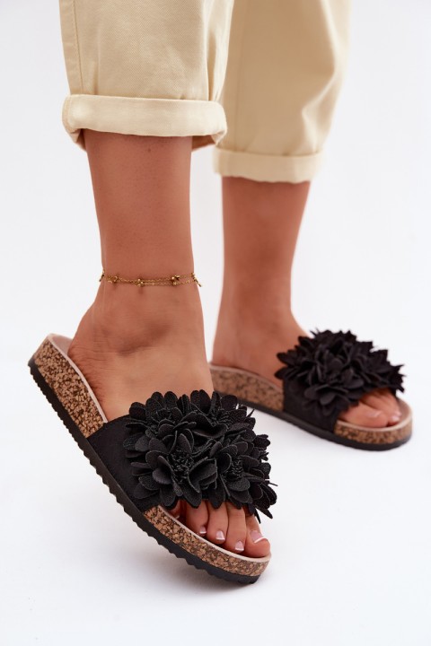 Women's Cork Sole Slippers With Decorative Flowers Black Seleneza
