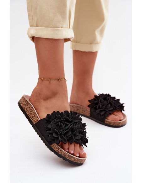 Women's Cork Sole Slippers With Decorative Flowers Black Seleneza