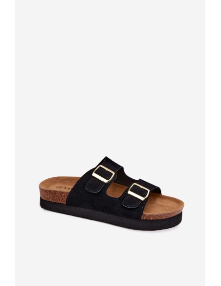 Leather Suede Women's Platform Slides With Buckles Vinceza 102657 Black