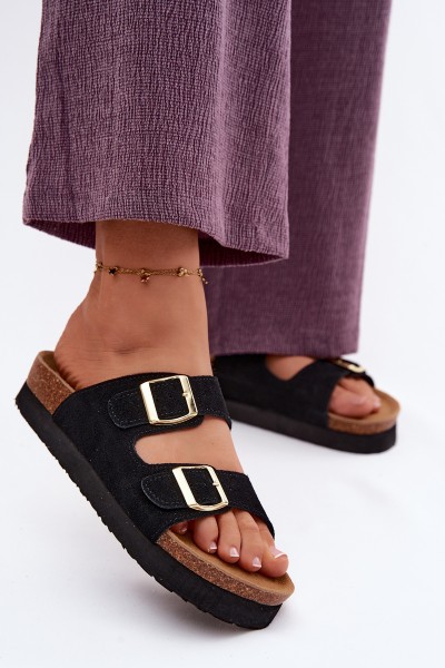 Leather Suede Women's Platform Slides With Buckles Vinceza 102657 Black 2