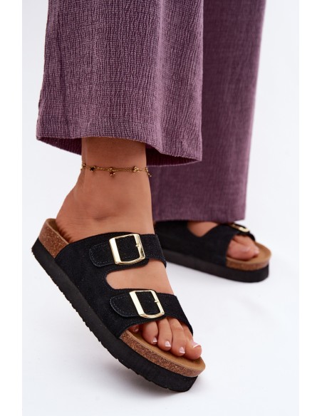 Leather Suede Women's Platform Slides With Buckles Vinceza 102657 Black