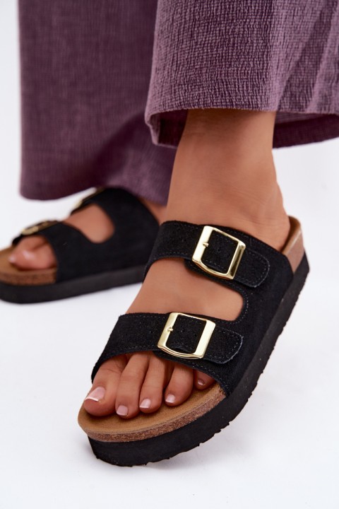 Leather Suede Women's Platform Slides With Buckles Vinceza 102657 Black