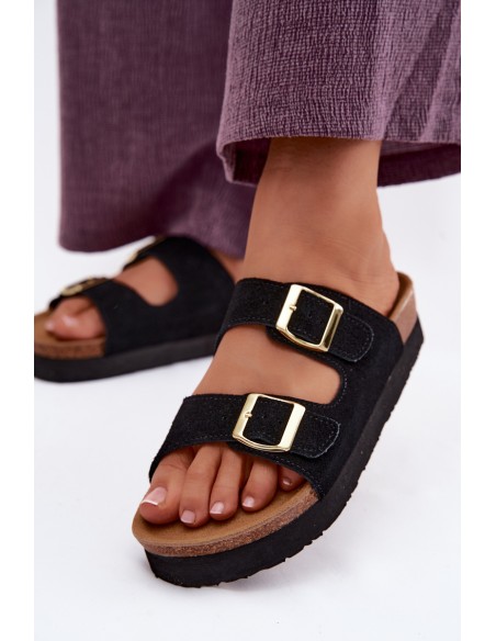Leather Suede Women's Platform Slides With Buckles Vinceza 102657 Black