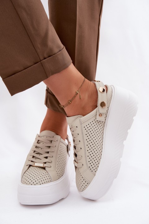 Leather Mesh Women's Sneakers On Platform With Strap On Heel D&A LR61-7088 Beige