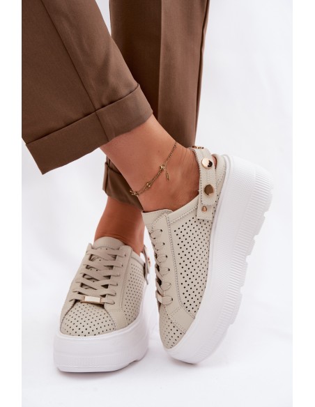 Leather Mesh Women's Sneakers On Platform With Strap On Heel D&A LR61-7088 Beige