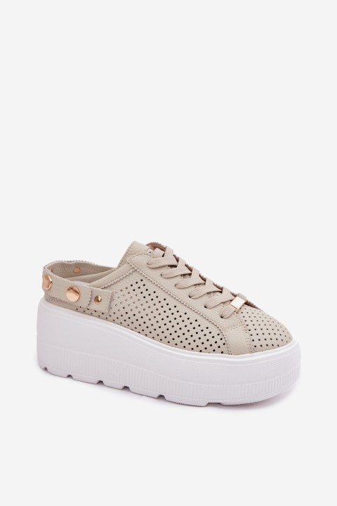 Leather Mesh Women's Sneakers On Platform With Strap On Heel D&A LR61-7088 Beige