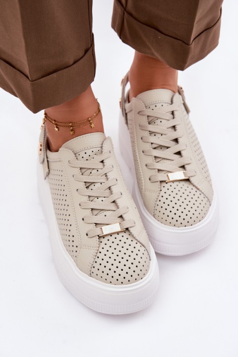 Leather Mesh Women's Sneakers On Platform With Strap On Heel D&A LR61-7088 Beige