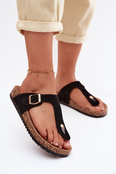 Leather Suede Flip Flops With Gold Buckle Black Honey