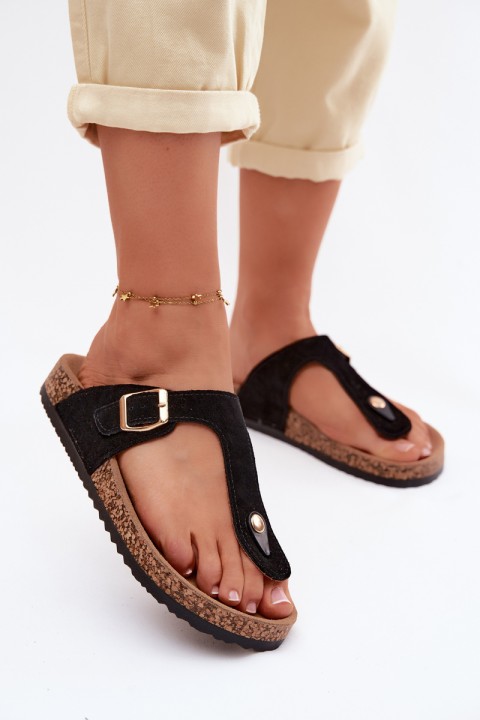 Leather Suede Flip Flops With Gold Buckle Black Honey