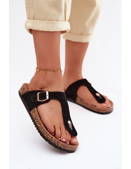 Leather Suede Flip Flops With Gold Buckle Black Honey