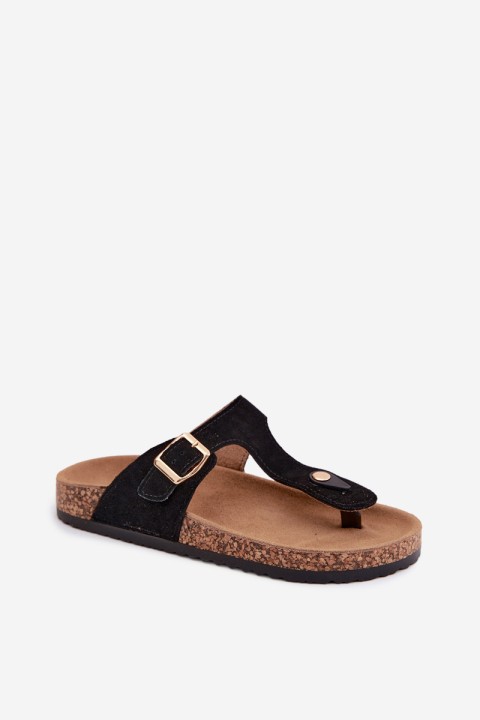 Leather Suede Flip Flops With Gold Buckle Black Honey