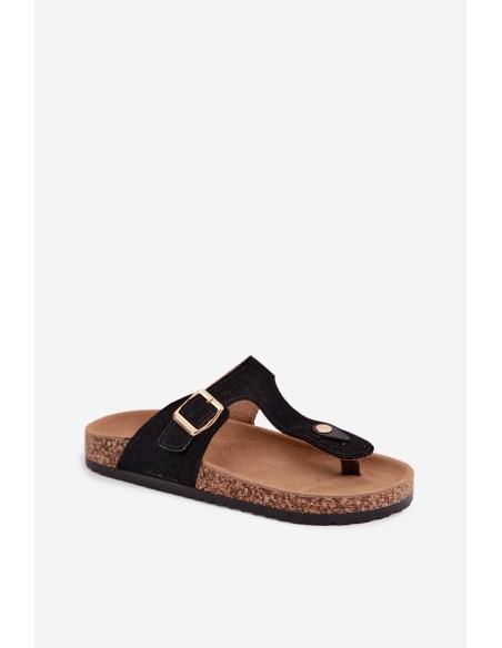 Leather Suede Flip Flops With Gold Buckle Black Honey