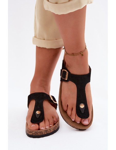 Leather Suede Flip Flops With Gold Buckle Black Honey