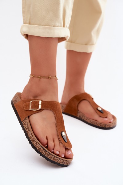 Leather Suede Flip Flops With Gold Buckle Camel Honey