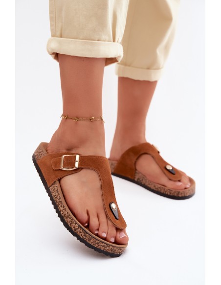 Leather Suede Flip Flops With Gold Buckle Camel Honey