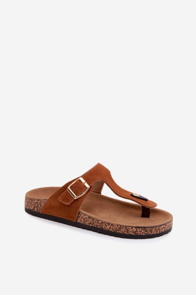 Leather Suede Flip Flops With Gold Buckle Camel Honey 2