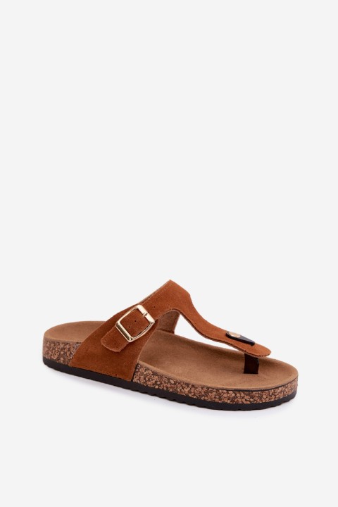 Leather Suede Flip Flops With Gold Buckle Camel Honey