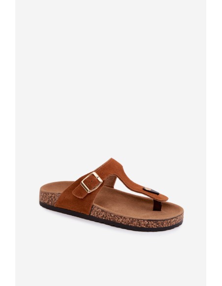 Leather Suede Flip Flops With Gold Buckle Camel Honey