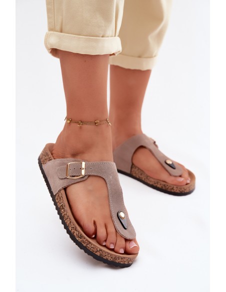 Leather Suede Flip Flops With Gold Buckle Dark Beige Honey