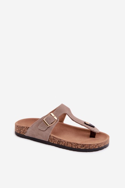 Leather Suede Flip Flops With Gold Buckle Dark Beige Honey 2