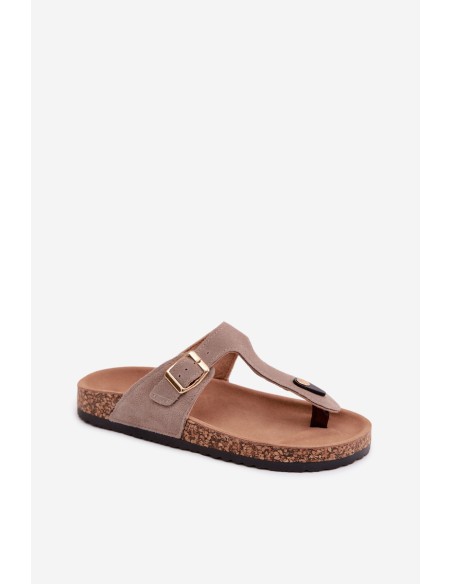 Leather Suede Flip Flops With Gold Buckle Dark Beige Honey