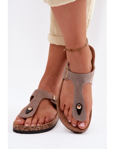 Leather Suede Flip Flops With Gold Buckle Dark Beige Honey