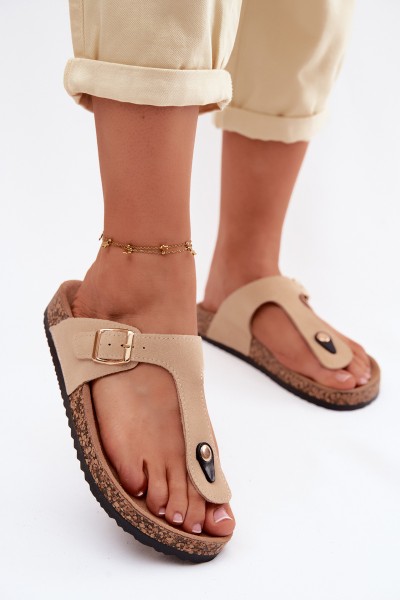 Leather Suede Flip Flops With Gold Buckle Beige Honey