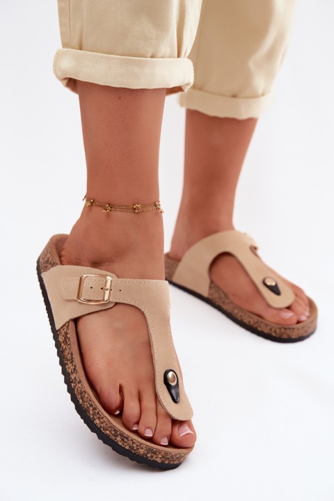 Leather Suede Flip Flops With Gold Buckle Beige Honey