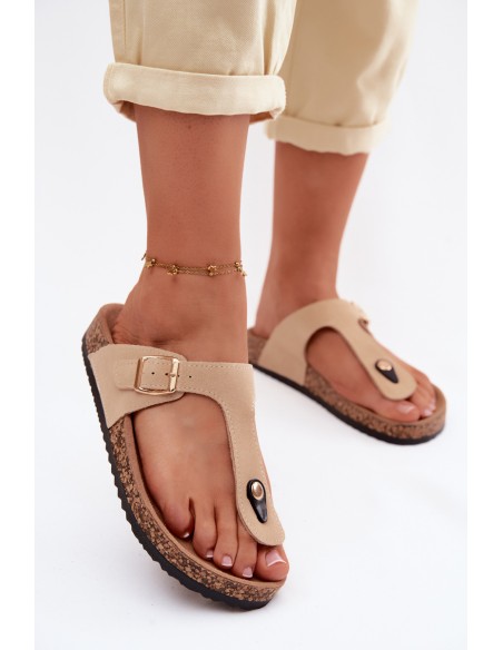 Leather Suede Flip Flops With Gold Buckle Beige Honey