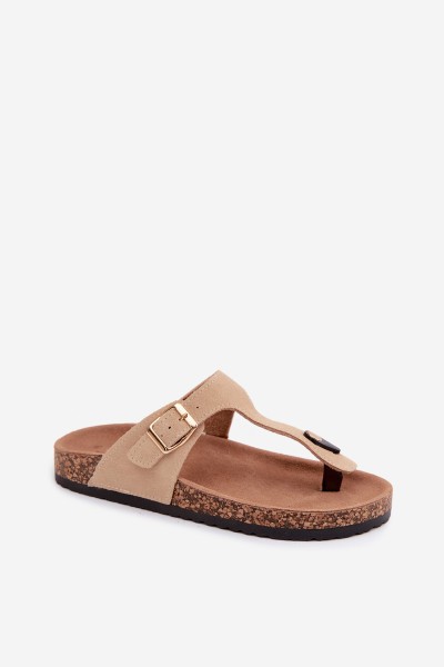 Leather Suede Flip Flops With Gold Buckle Beige Honey 2