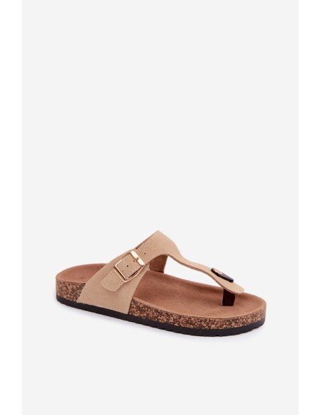 Leather Suede Flip Flops With Gold Buckle Beige Honey