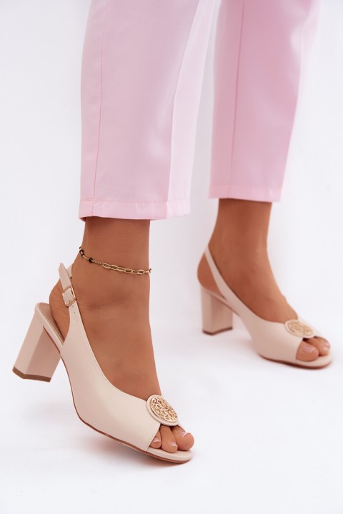 Women's Block Heel Sandals With Gold Detail Beige Lotus