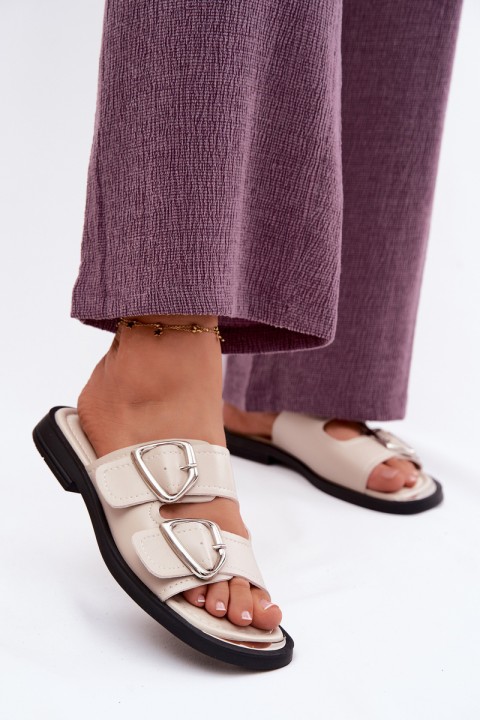 Leather Women's Slides With Straps Vinceza 62304 Beige