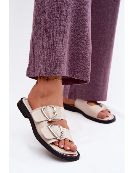 Leather Women's Slides With Straps Vinceza 62304 Beige