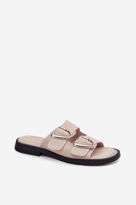 Leather Women's Slides With Straps Vinceza 62304 Beige