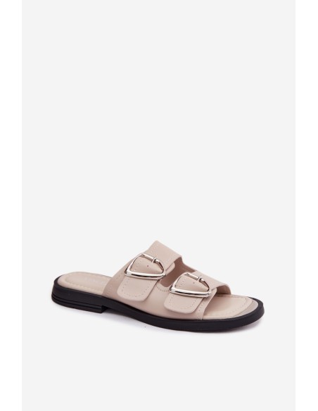 Leather Women's Slides With Straps Vinceza 62304 Beige