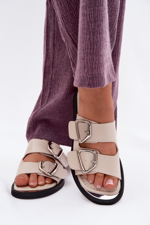 Leather Women's Slides With Straps Vinceza 62304 Beige