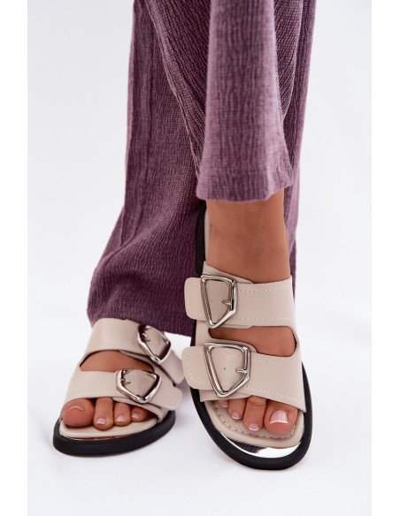 Leather Women's Slides With Straps Vinceza 62304 Beige