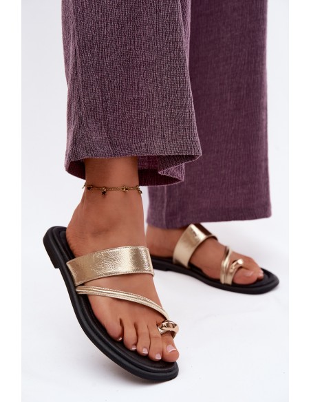 Women's Flat Genuine Leather Sandals Vinceza 66939 Gold